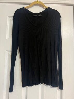Rachel Zoe Black Ribbed V-Neck Long Sleeve Top